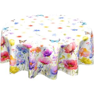 Spring Summer Floral Tablecloth Round 60 Inch Watercolor Flowers Colorful Table Cloth Circle Multicolor Table Cover Tabletop for Home Decor Dining Room Kitchen Party Picnic