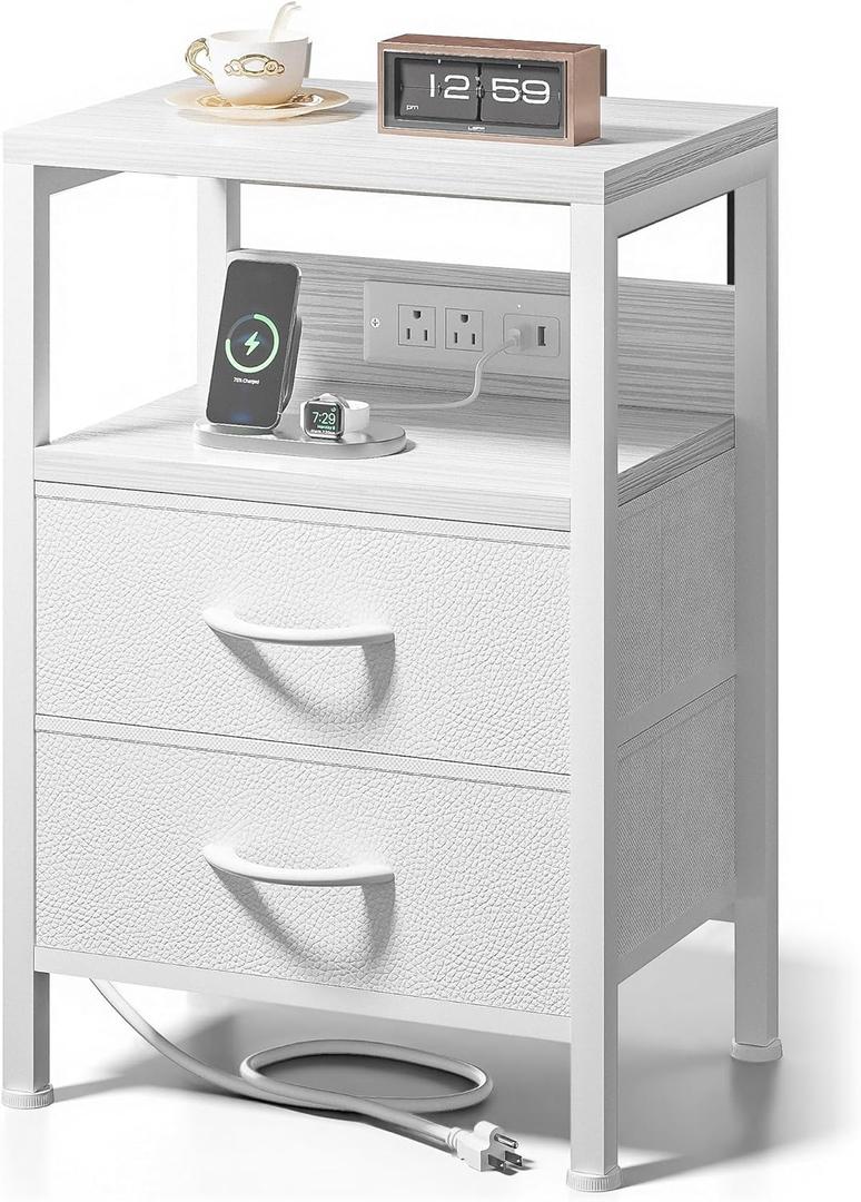 Lazzanto NightStand Bedside Charging Table Bedroom - Night Stand with Charger Station, White Modern Bed Side End Table with Open Shelf & 2 Fabric Drawers, USB-C Port & AC Outlets for Dorm, Living Room