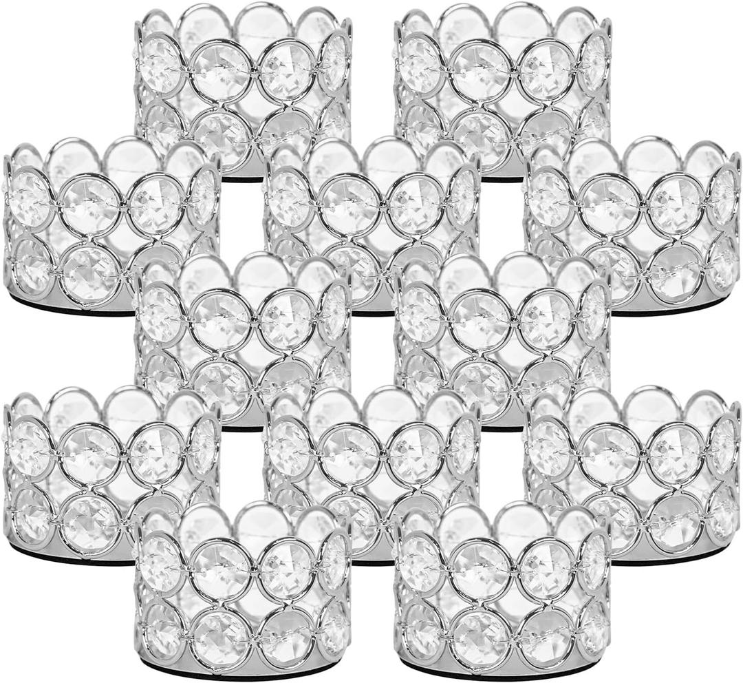 VINCIGANT Silver Crystal Tea Light Candle Holders Set of 12 for Wedding Home Table Centerpiece Decoration,Easter Gift(Candle Excluded)