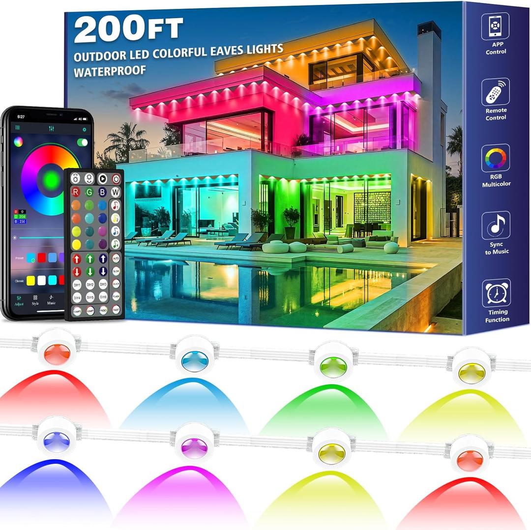 FBZ 200FT Permanent Outdoor RGB Lights - IP67 Waterproof with Smart App Control Remote,DIY Scene Modes, Music Synchronization,Eaves Lights for Garden Decor,Deck,Christmas