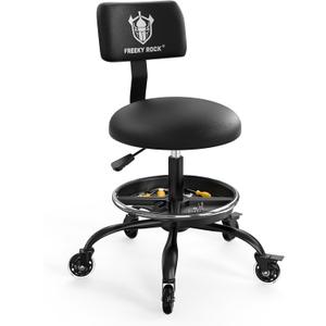Rolling Shop Stool with Wheels, Garage Mechanic Stool Chair with Backrest, Height Adjustable Heavy Duty Swivel Task Chair, Adjustable Footrest with Storage Tray for Garage Kitchen Salon Tattoo (Black)