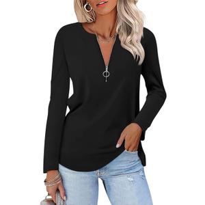 Women's Long Sleeve Shirts Zipper Color Block V Neck Tunic Tops Casual Blouse (XX-Large)