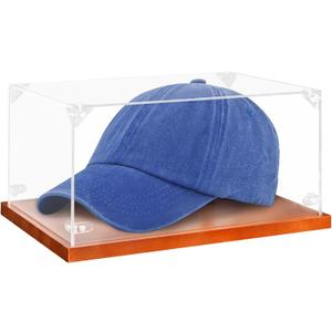 Clear Acrylic Hat Display Case with Wood Base & Tee, Memorabilia Stand Cube Holder, Dust Protection Transparent Storage Box for Single Hat Souvenir Hats Collections