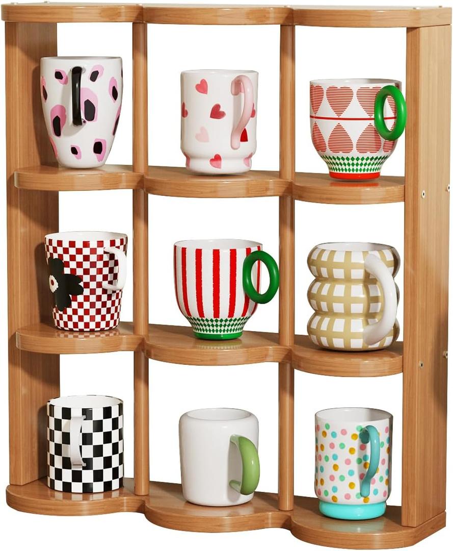 Wooden Coffee Mug Display Rack, Countertop Freestanding Grid Vintage Coffee Cup Display Stand, Rustic Coffee Mug Holder Organizer for Kitchen, Coffee Station,9 Grid