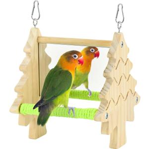 Parakeets Pine Perch Toy Wooden Swing with Acrylic Mirror for Cockatiels, Budgies, Conures, and Small Parrots Bird Cage Accessories for Chewing and Exercise (Tree)