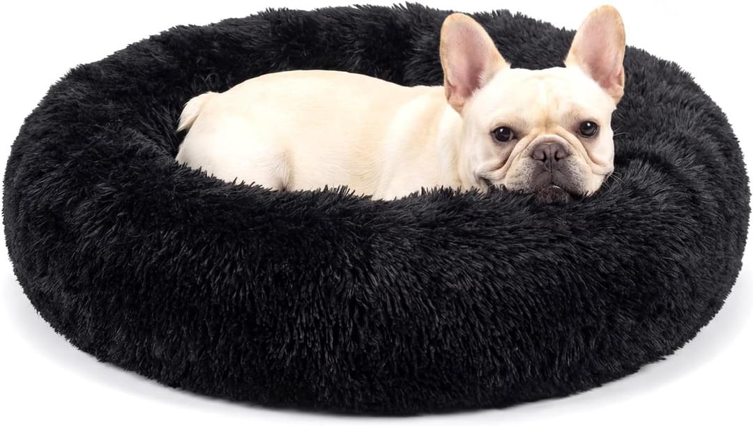 Calming Donut Dogs Beds for Medium Dogs up to 45 lb, 30inch Anti-Slip Plush Round Dog Bed, Black