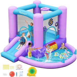 FBSPORT Inflatable Bounce House, Kids Bounce Castle Slide for Indoor Outdoor,Toddler Baby Jumper Bouncer, Kids Jumping Bouncy House with Blower, Ball Pit Pool, Basketball Hoop, Dart Game, Blue, 9.35 ft L x 8.7 ft W x 5.7 ft H