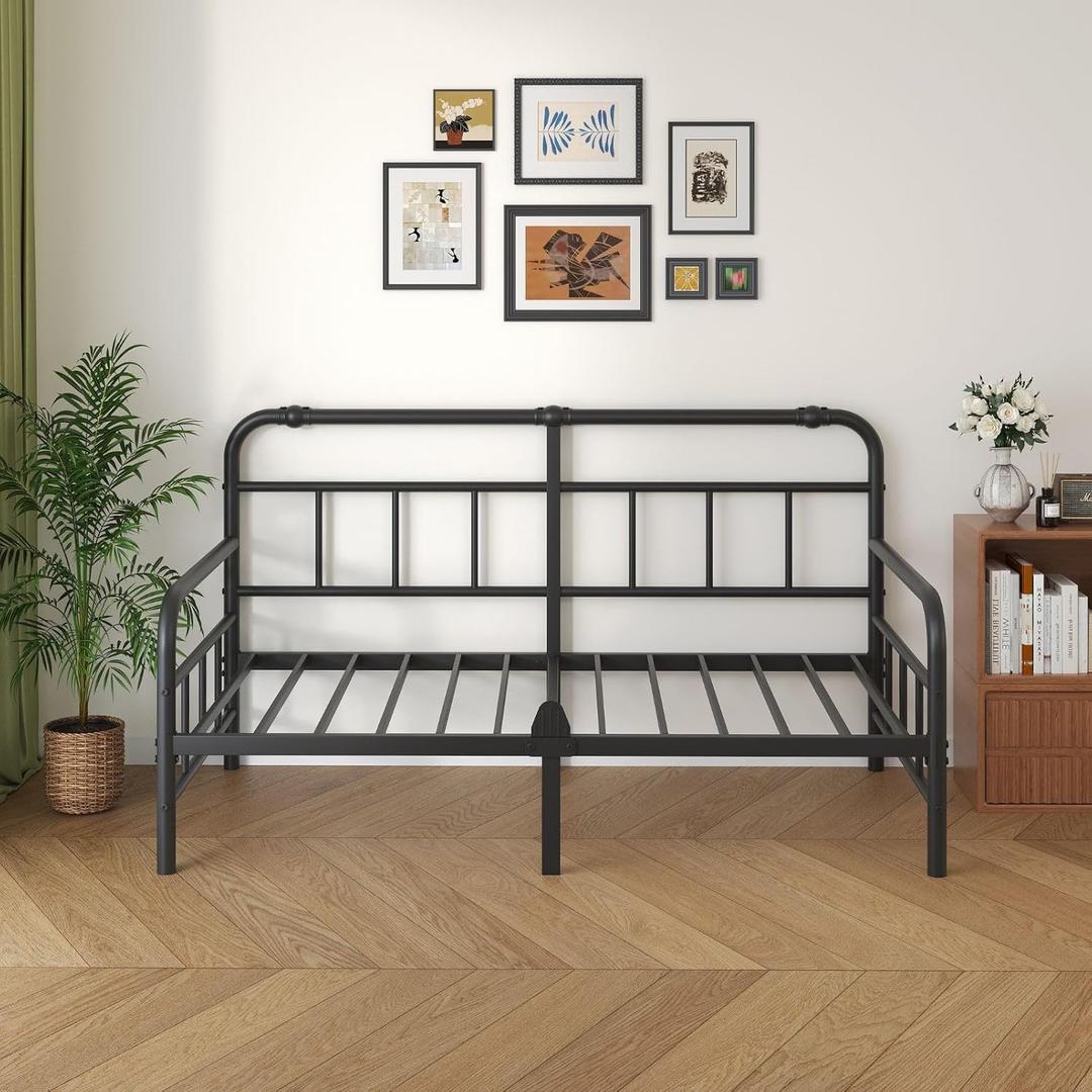 12 Inch Daybed-Frame, Twin-Daybed with Classic-Headboard - Heavy Duty Steel Slats,Metal Sofa Bed Frame for Living Room Bedroom Guest Room, Easy Assembly(Black)