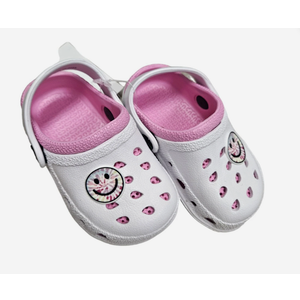 Childrens White Pink Clogs With Smile Design Girls Tie Dye Happy Face Slip On, Size  9