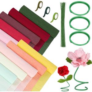 Gilprop 116 Pcs Crepe Paper Flower Stem DIY Kits Set, Include 9.8 x 98 in Crepe Paper Sheet 14.76 Ft Floral Iron Wire for Flower Making Birthday Parties Weddings Festival Decor(Pink and Red)
