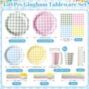 450 Pcs Gingham Tableware Set Decorations Pastel Plaid Paper Plates Napkins Cups Cutlery Straws Checkered Dinnerware Set for Easter Baby Shower BBQ Picnic Birthday Party Supplies, Serves 50