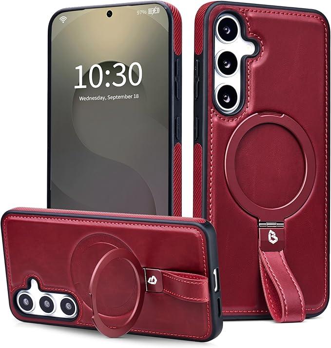 Butaiga for Samsung Galaxy S23 Leather Case with Stand, AntiSlip Grip Ring, Fits for MagSafe (Burgundy, S236.1inch)