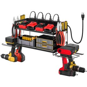 Power Tool Organizer Wall Mount, 2 Layers Heavy Duty 4 Cordless Drill Holder Tool Storage Rack with 8 Power Strip Battery Charging Station,Pliers Screwdrivers Organizer for Garage, Workshop,Tool Room