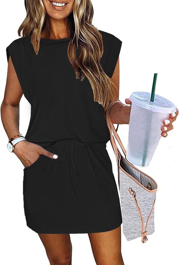 ETCYY NEW Womens Cap Sleeve Summer Dress Crew Neck Tie Front A-Line Dresses Double Layer Hem Mini Dress, Small