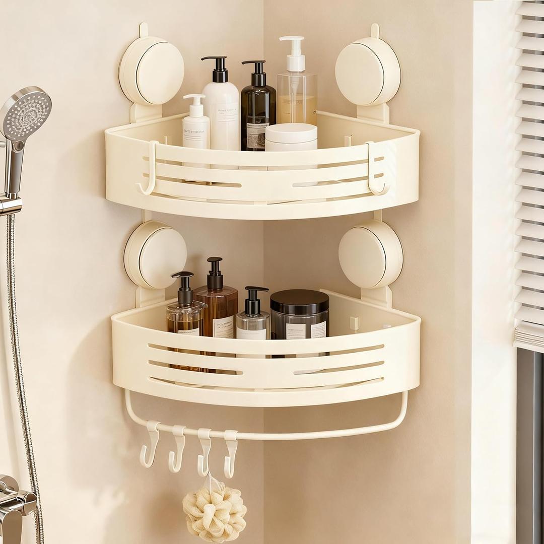 Corner Suction Cup Shower Caddy(2-Pack Cream White),No-Drilling Aluminum Shower Shelf with Towel Bar & Hooks,Removable Bathroom and Kitchen Storage Organizer
