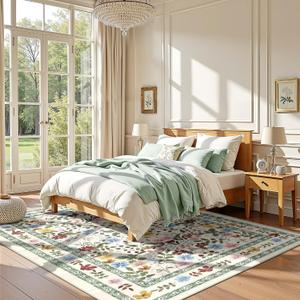 Deerly Floral Area Rugs 5x7 Vintage Boho Washable Non-Slip Living Room Carpet Soft Low Pile Colorful Thin Bedroom Floor Mat Indoor for Dining Room Playroom Nursery Farmhouse, Beige/Green/Multi