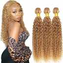 Color #27 Kinky Curly Bundles Honey Blonde Kinky Curly Human Hair 3 Bundle 28 30 32 Inch Unprocessed Brazilian Virgin Remy Hair Weave Double Weft Blonde Hair Soft & Silky & Full 300g