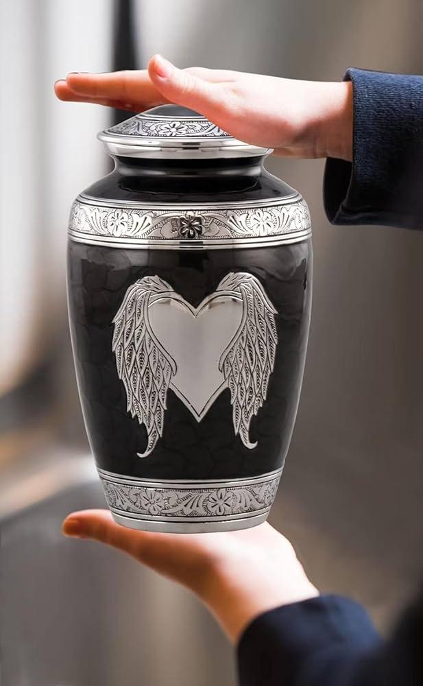 M MEILINXU Urn for Ashes for Woman & Male, Cremation Urns for Human Ashes Adult Female & Man, Burial Urns, Decorative Urns for Funeral, Silver Angel Wings and Heart-Shaped, Black Urn for Woman -Large