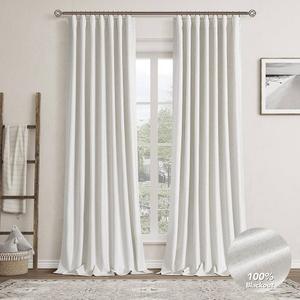 Nanspring Cream White Linen 100% Blackout Curtains 132 inch Length Back Tab Rod Pocket Thermal Insulated Textured Living Room Black Out Curtain 2 Panels Set 52x132
