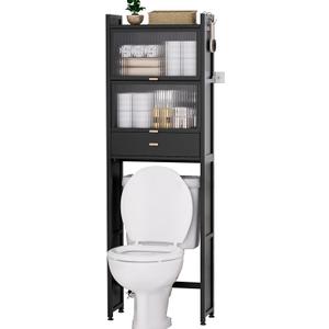 Over The Toilet Storage Cabinet with Drawer and Flip Door, Bamboo Bathroom Organizer Shelf with Anti-Tip Design and Waterproof Feet Pad,Freestanding Rack Above WC Space Saver (Black)