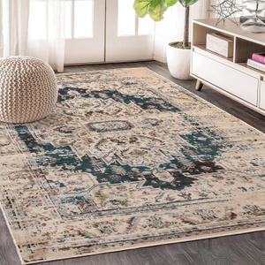 SUPERIOR Indoor Large Area Rug, Modern Farmhouse Medallion Decor for Living/Dining Room, Office, Bedroom, Entryway, Kitchen, Home Floor Throw, Jute Backed Rugs, Marquis Collection, 8' x 10', Teal
