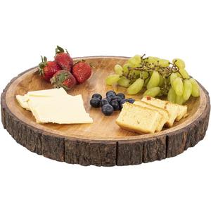 GoCraft Round Wooden Serving Platter with Tree Bark on Edges | Mango Wood Pizza Platter, Serve Board | Charcuterie Platter - 13"
