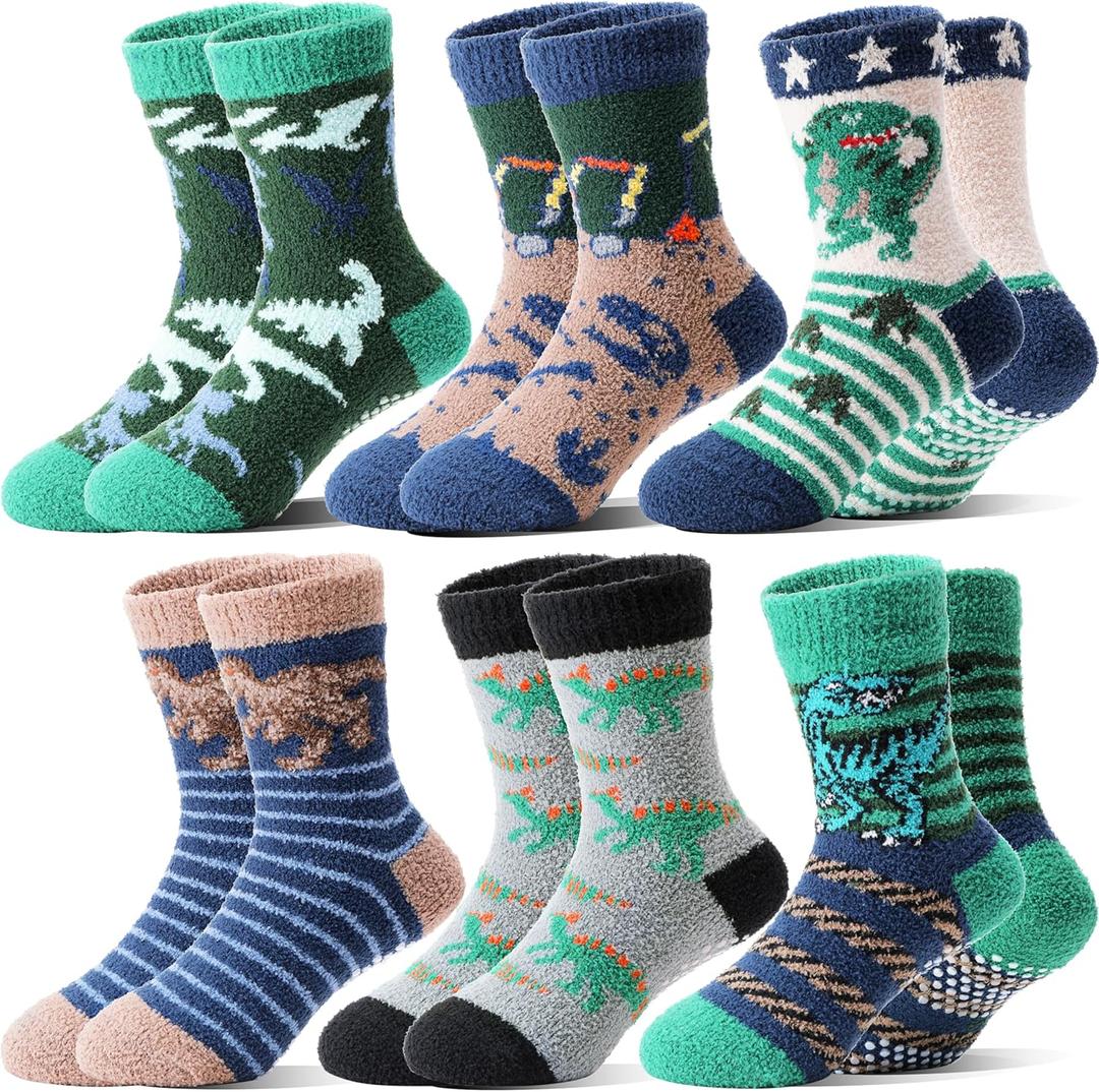 Kids Boys Toddlers Fuzzy Slipper Socks with Grips Non Slip Warm Fluffy Winter Thick Fun Cozy Hospital Socks 6 Pairs (4-7 Years, Dinosaur)