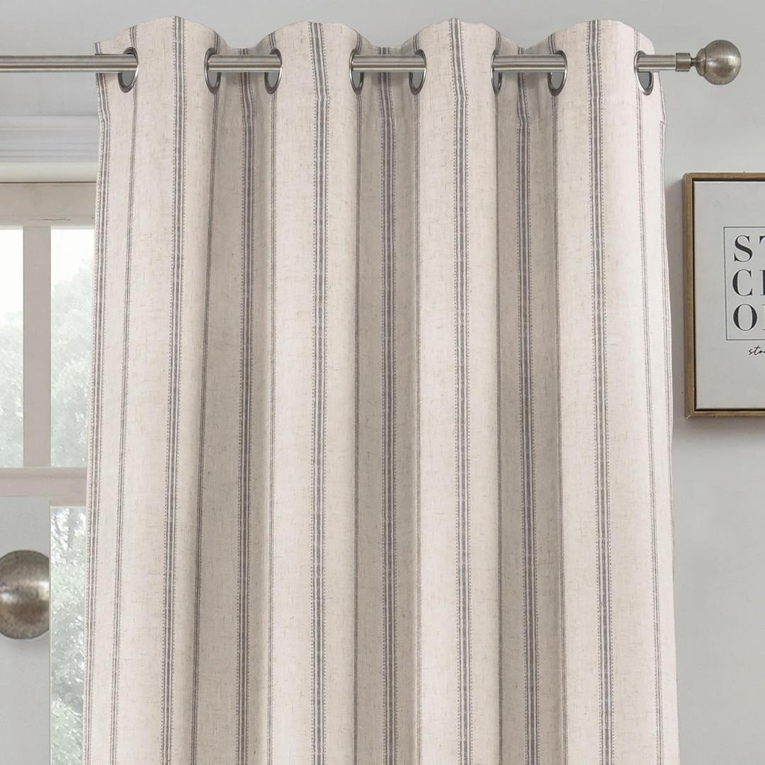 DriftAway Farmhouse Linen Blackout Curtains 96 Inches Long for Bedroom Striped Double Layer Thermal Insulated Sound Reducing Lined Grommet Rustic Drapes for Living Room 2 Panels W52 x L96 Gray