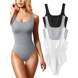 OQQ Women's 3 Piece Bodysuits Sexy Ribbed Sleeveless Square Neck Tank Tops Leotard 2025 Trendy Outfits S