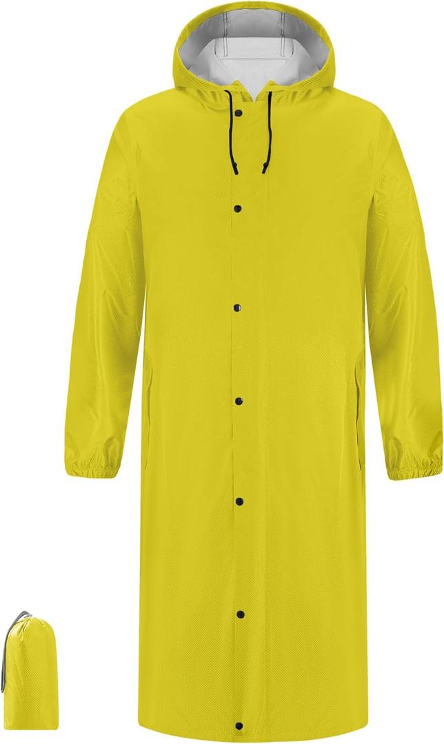 iCreek Long Raincoat 8000mm Waterproof, Lightweight Packable Hooded Rain Jacket for Men Women Hiking Camping Work Outdoors (Large, Yellow)