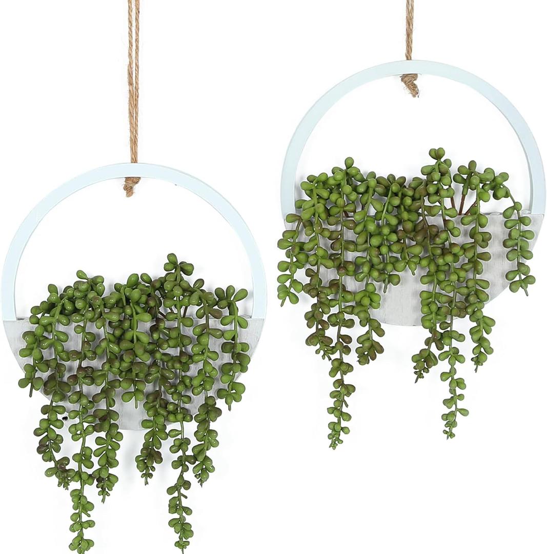 Artificial Hanging Plants Hanging Planter Fake Succulents Artificial String of Pearls with Pot and Lanyard for Home Office Wall Decoration (2 Pcs, Green)