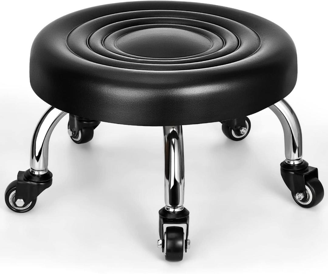 Low Rolling Stool, Low Stool with Wheels, PU Leather Low Roller Seat Stool Chair, Rolling Seat Stool for Home Office Garage Shop (Style 2)