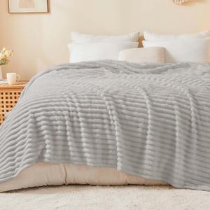 BEDELITE King Size Blanket for Bed, 300GSM Soft & Warm Fleece Blanket, Decorative and Giftable Striped Light Grey Blankets for Women, Men, 108"x90"