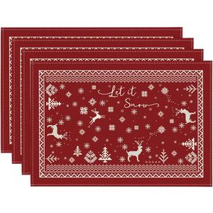 Artoid Mode Reindeer Snowflakes Winter Placemats Set of 4, 12x18 Inch Seasonal Red Fair Isle Table Mats for Party Kitchen Dining Decoration