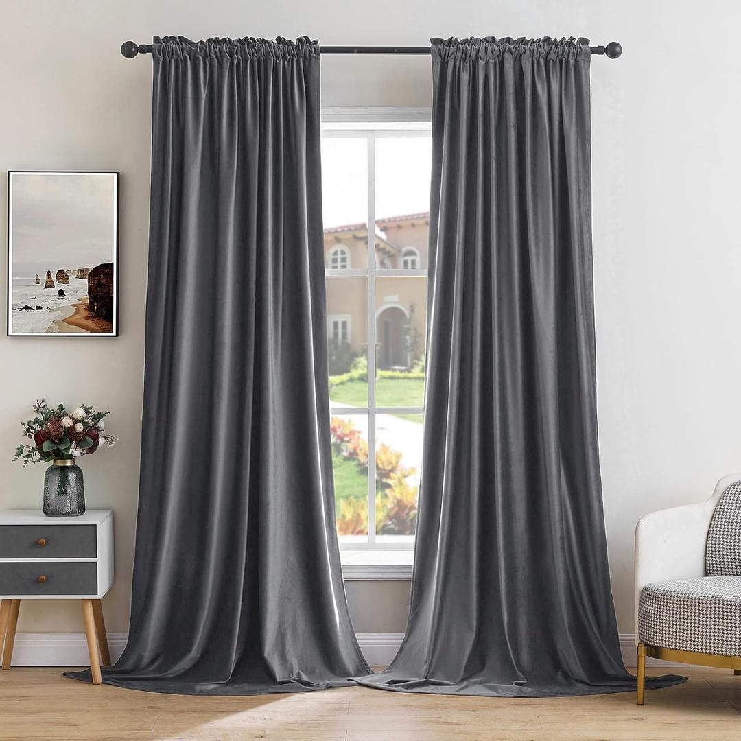 MIULEE Grey Velvet Curtains Thermal Insulated Blackout Curtain Drapes for Bedroom Living Room Darkening 90 Inches Long Curtains Panels Rod Pocket Set of 2