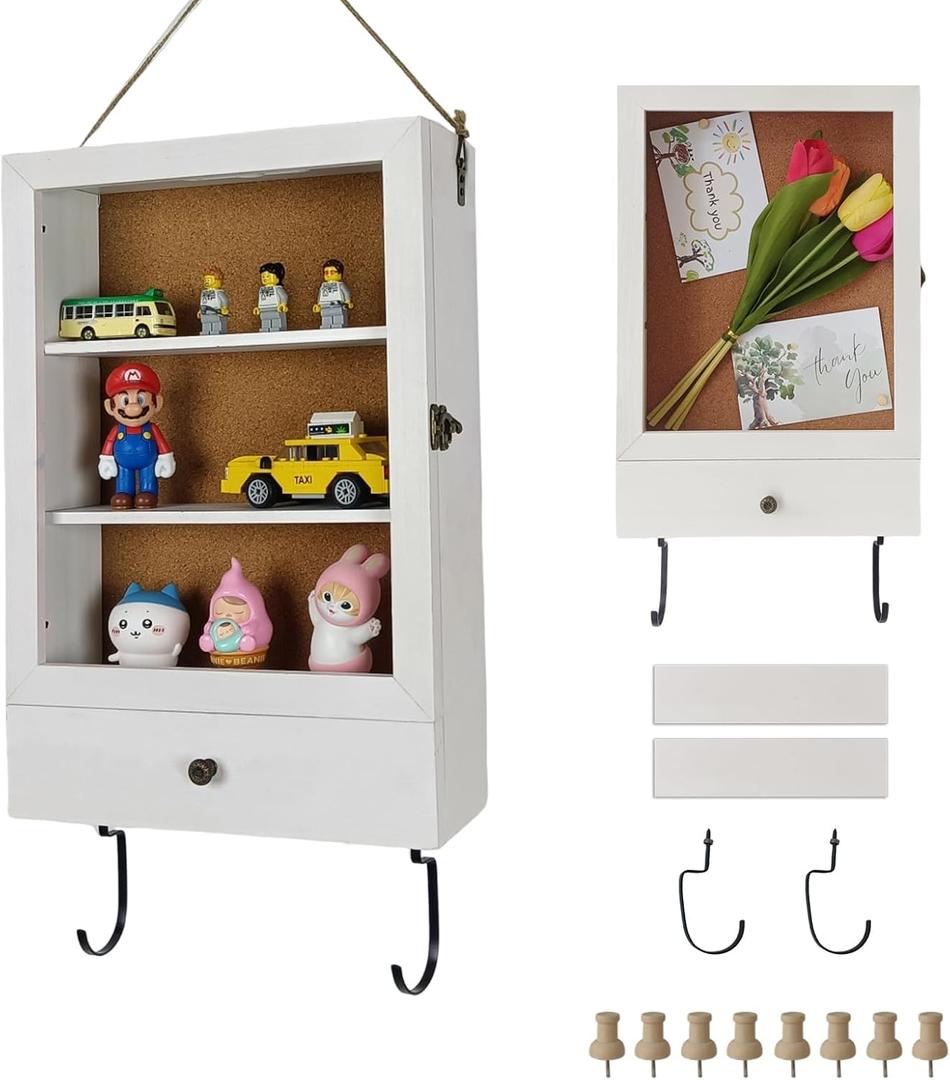 Memory Shadow Box with Drawer & Hanging Hook  3D Display Case for Photos, Awards, Medals & Keepsakes | Hidden Storage Organizer | Glass Front Frame (White)