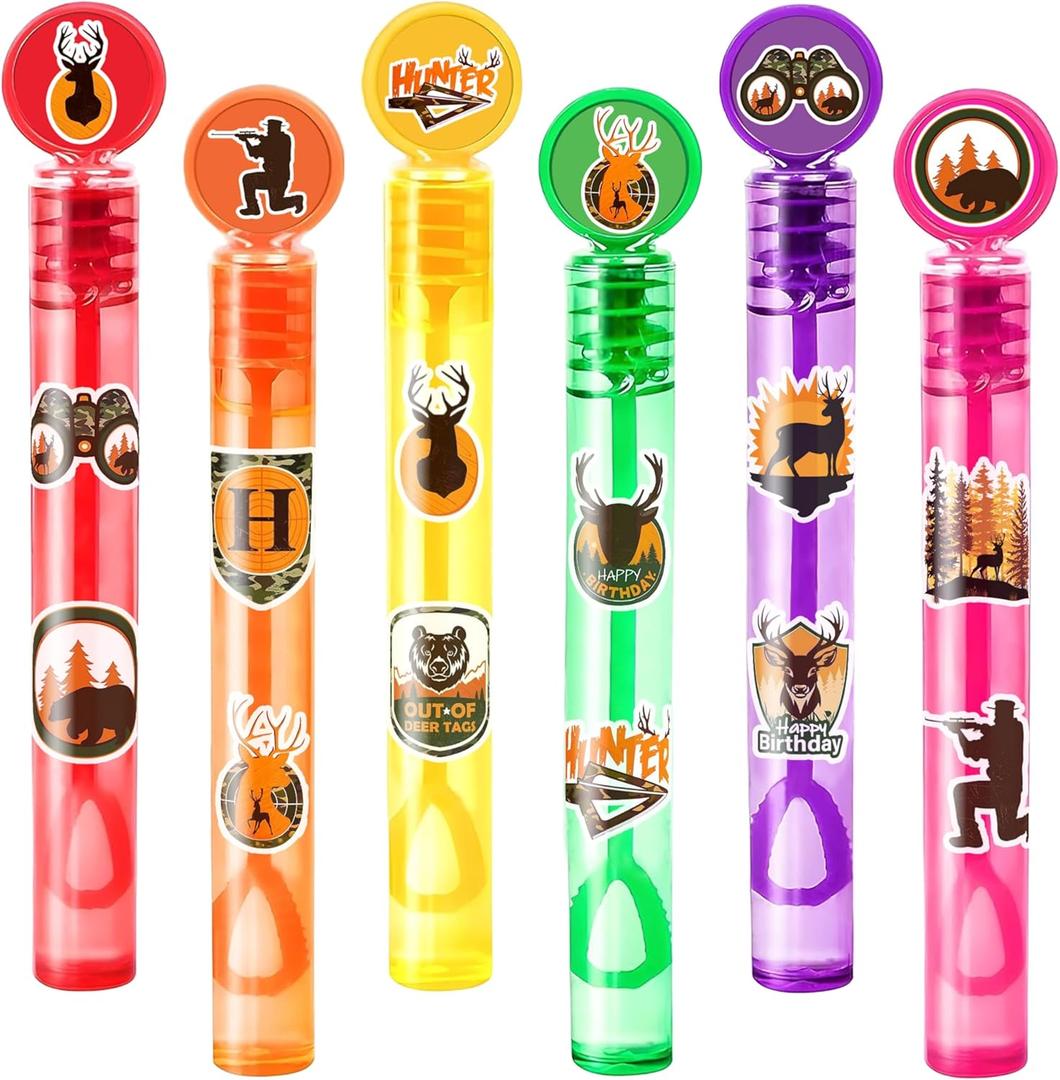 24PCS Hunting DIY Bubble Wands with 96PCS Stickers - Party Favor for Goodie Bags, Pinata Stuffers, Mini Bubble Bulk Birthday Supplies, Toys Gifts, Class Prizes for Toddlers, Boys & Girls