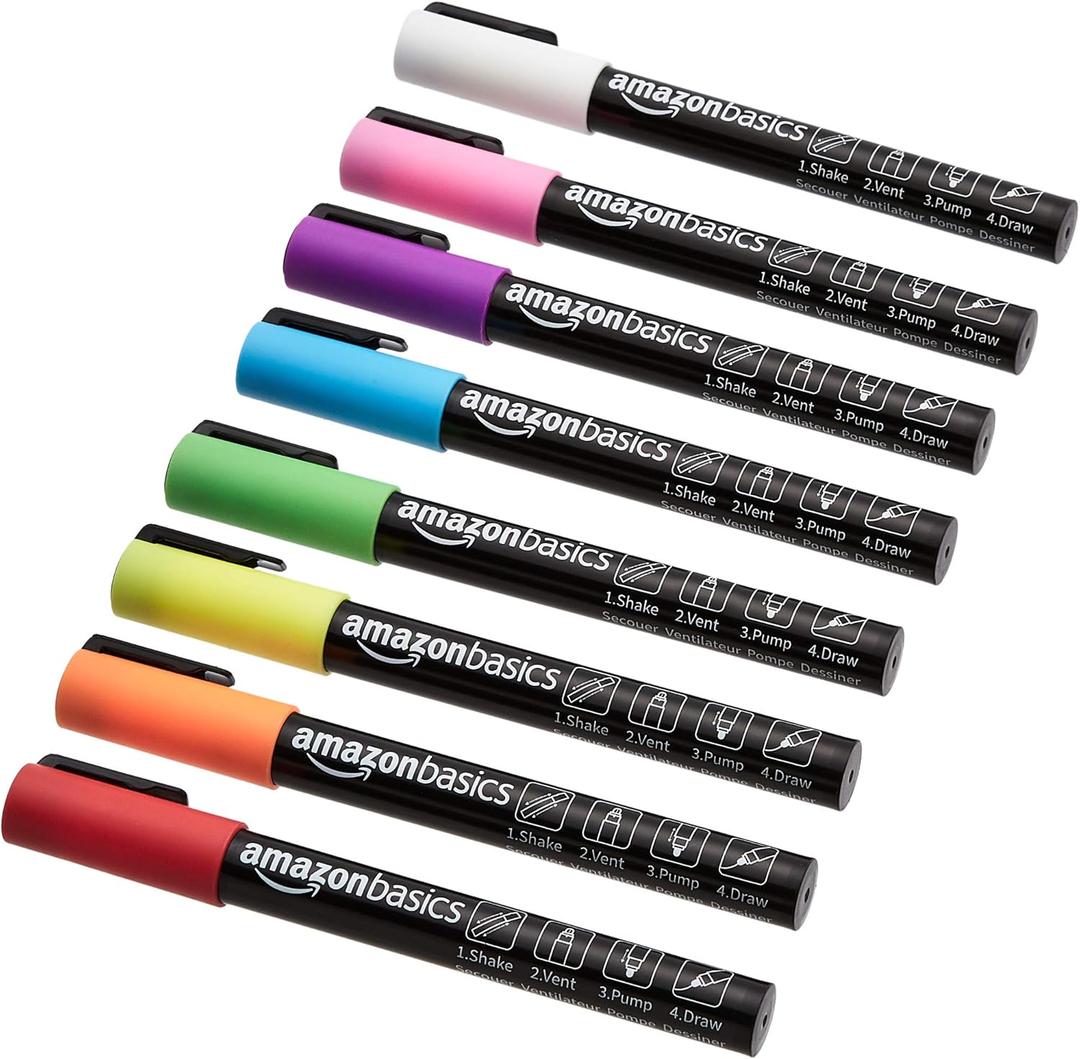 Amazon Basics Bullet/Chisel Reversible Tip Chalk Markers, Fine Point, 8-Pack, Bright Colors