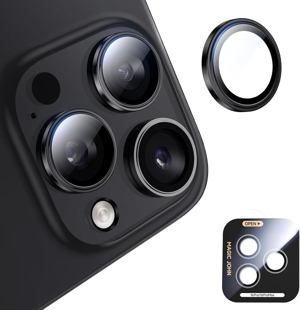 MAGIC JOHN for iPhone 16 Pro Max/16 Pro Camera Lens Protector [Alignment Kit&1:1 Invisible Perfect Fit] 9H Aerospace Tempered Glass Anti-Scratch Durable, Individual Cover Ring, Case Friendly, Set of 2,Black