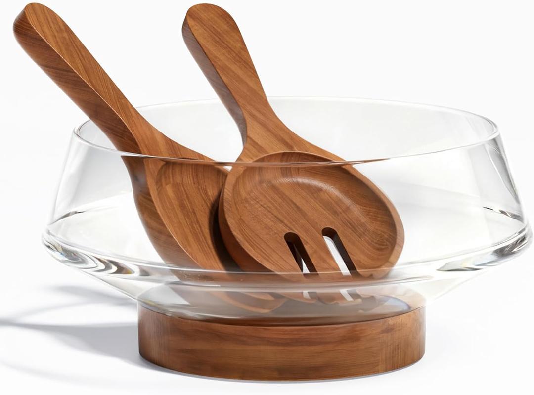 SoulThink Golden Ratio Large Crystal Glass Salad Bowl Set - Hosting Essentials Salad Serving Bowl with Acacia Wooden Serving Utensils and Base - Dinner Party Must Haves for All Occasions
