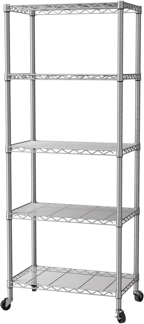 SINGAYE 5 Shelves Storage Shelf Wire Closet Bathroom Organizers Metal Pantry Kitchen Garage Shelving Unit Laundry Room Organization Home Rack Net Basket White with Wheels (5-Silver 14"D X 24"W X 61"H, Silver)