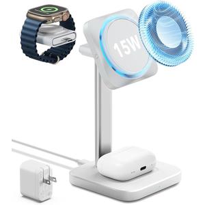 ESR for MagSafe Charger Stand, 3 in 1 Charging Station with CryoBoost, PhoneCooling Wireless Charging, 15W MagSafe Stand, for iPhone 17e/17/16/15/14/13/12, AirPods, Apple Watch, White