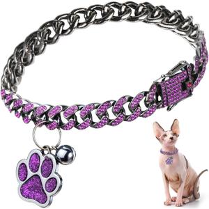 Hillban Cat Collar Diamond Chain Glitter Collar Walking Metal with Secure Buckle Cat Pet Necklace with Paw Charm and ID Tag Bell Link Cuban Jewelry Accessories Gift(10 Inch,Steel Black, Purple)