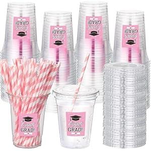 Sliner 50 Set 2026 Graduation Plastic Cup Disposable with Lid and Paper Straw 16 oz Clear Drinking Cup for College High School Grad Party Supplies Decoration Festivities(Pink)