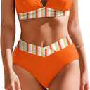 AI'MAGE High Waisted Bikini Set for Women Tummy Control Women's 2 Piece Bathing Suit V Neck Sexy Color Block Swimsuit 2025 (Orange, XL)