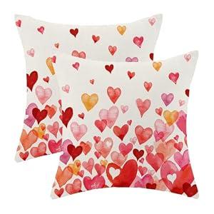 CXMEIFLY Valentines Pillow Covers 18 x 18 Inch Set of 2 for Watercolor Red Pink Yellow Love Heart Decor Throw Pillows Spring Holiday Outdoor Farmhouse Decorative Cushion Cases for Couch Decoration