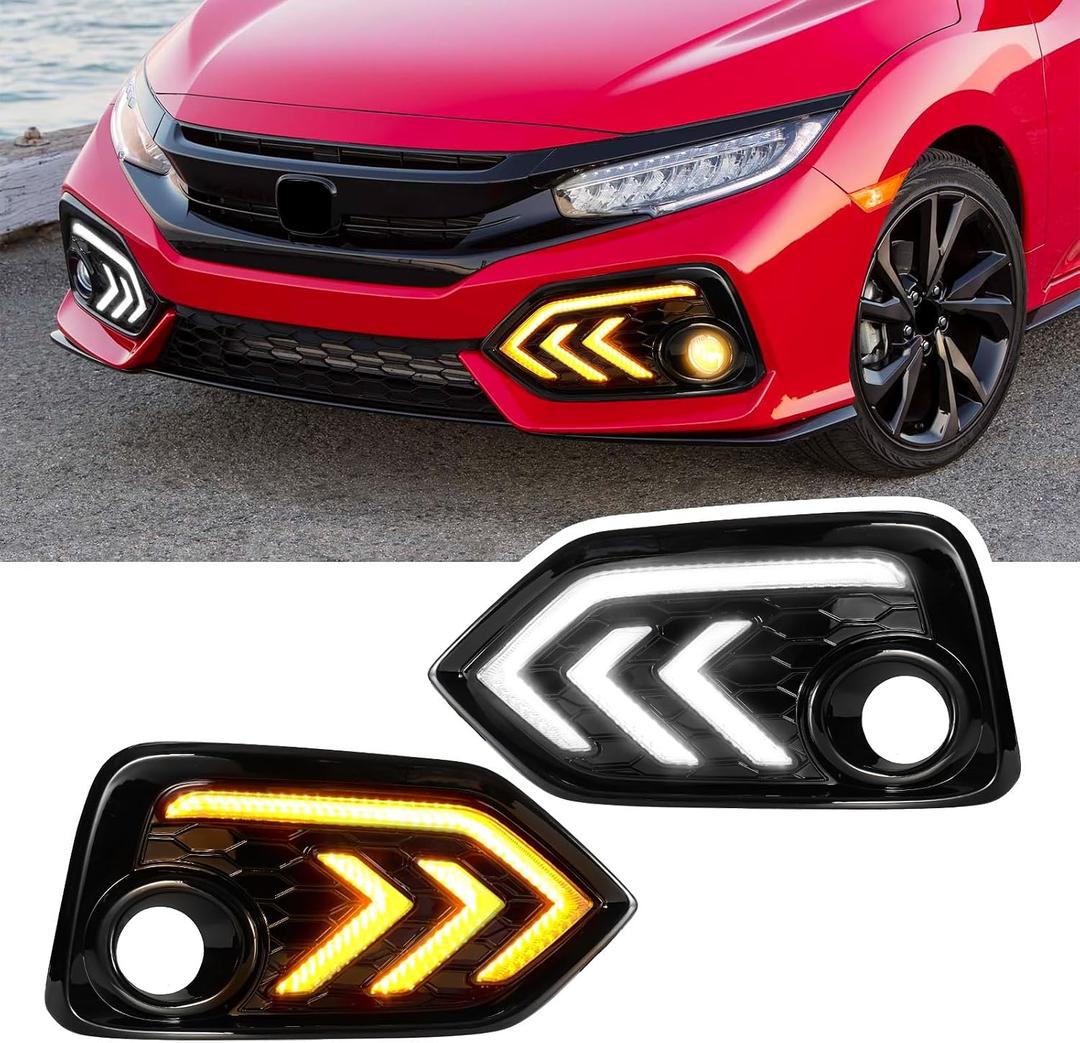 LED Fog Lights White Daytime Running Lights (DRL) Amber Turn Signal Lights Compatible with 2017-2021 10th Gen Honda Civic Hatchback