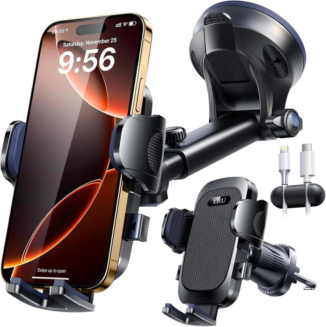 YRU True Military-Grade [360 Rotation Suction] 2025 Ultimate Car Phone Holder Mount 90+LBS Safest Strongest & Patent Certs Dashboard Windshield Vent for iPhone 17 16 Pro Max Samsung, Matt Black