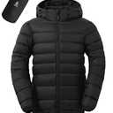 ASPO Men's Packable Puffer Jackets Winter Lightweight Detachable Hood Water-Resistant Down Coats Warm Insulated Hiking Travel Black M
