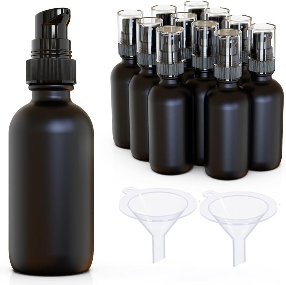 12Pack 2oz Black Glass Pump Bottles, 60ml with Black Pump, Empty Refillable Travel Small Container For Lotion Cream Essentil Oil Shampoo (60mlpumpBLK)